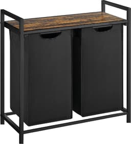 BRASQ Wasmand 2 vakken - Wassorteerder 76 Liter - Uitschuifbaar met Plank 73x33x71 cm - Wasbox Zwart Metaal - Bruin hout - Basket — thumbnail 1