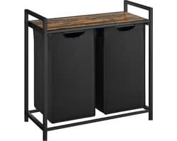 BRASQ Wasmand 2 vakken - Wassorteerder 76 Liter - Uitschuifbaar met Plank 73x33x71 cm - Wasbox Zwart Metaal - Bruin hout - Basket