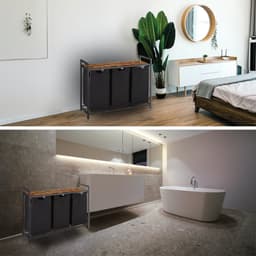 BRASQ Wasmand 3 vakken - Wassorteerder 114 Liter - Uitschuifbaar met Plank 92,5x33x71 cm - Wasbox Zwart Metaal - Bruin hout - Basket — thumbnail 2