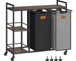FurnStar - Wasmand 2 vakken - wasverzamelaar 100 l - wassorteerder - rollen - waswagen met planken - waszak - met afneembare vakken - 6 etiketten - kastanjebruin-inktzwart-87 x 33 x 80,5 cm - duifgrijs