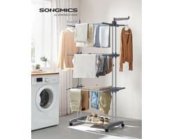 Songmics Grote Droogrek, Opvouwbaar Droogrek met 4 Lagen, Verplaatsbaar Rek 64 x 126 x 172 cm, Roestvrij Staal, Opvouwbare Vleugels, Eenvoudige Montage, Voor Binnen- en Buitengebruik, Grijs, LLR701G01
