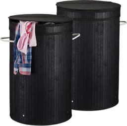 2x wasmand bamboe - ronde wasbox met deksel - 63 x 40 cm - 65 liter - zwart — thumbnail 1