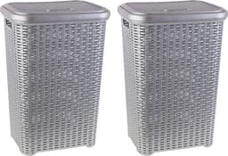 Plasticforte Wasmand met deksel - 60 liter - zilvergrijs - rotan - kunststof - L35 x B43 x H62 cm — thumbnail 2