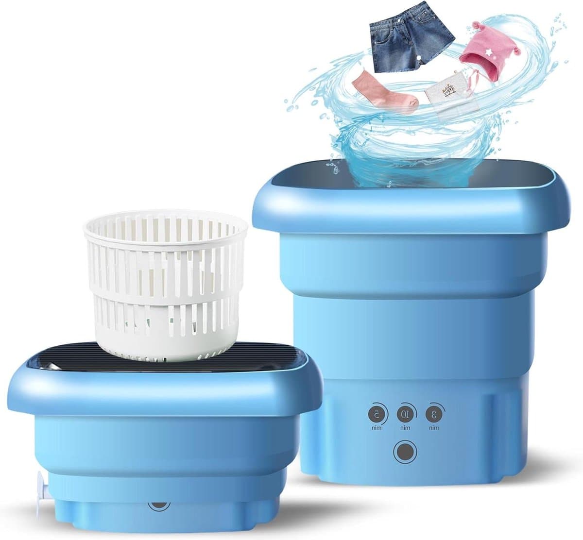 Draagbare mini-campingwasmachine met centrifuge - 45 liter capaciteit - Opvouwbare wasmachine tot 15 KG - Blauwlichtsterilisatie - Ideaal voor ondergoed, sokken, kamperen en buiten — afbeelding 1