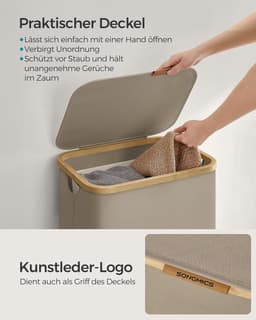 FurnStar - Wasmand met deksel - wasverzamelaar 90 l - uitneembare waszak - Oxford-weefsel - handgrepen van bamboe - inklapbaar - 42 x 32 x 70,5 cm - camelbruin — thumbnail 4