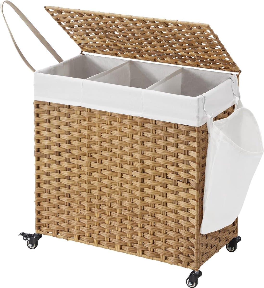 Hoppa! Wasmand | 140 L | Rotanlook met 3 vakken | Uitneembare voering | Handgrepen en deksel | 66 x 33 x 66 cm (L x D x H) — afbeelding 1