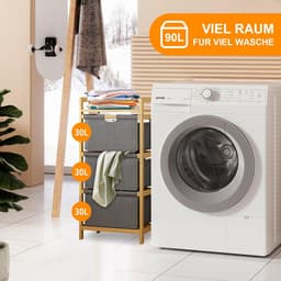 Wasverzamelaar, rek, 3 vakken, stabiele wasmand van bamboehout, sorteersysteem, 45 x 32 x 96 cm, groot, voor badkamer en slaapkamer, wasgoed organizer met stoffen mand — thumbnail 3
