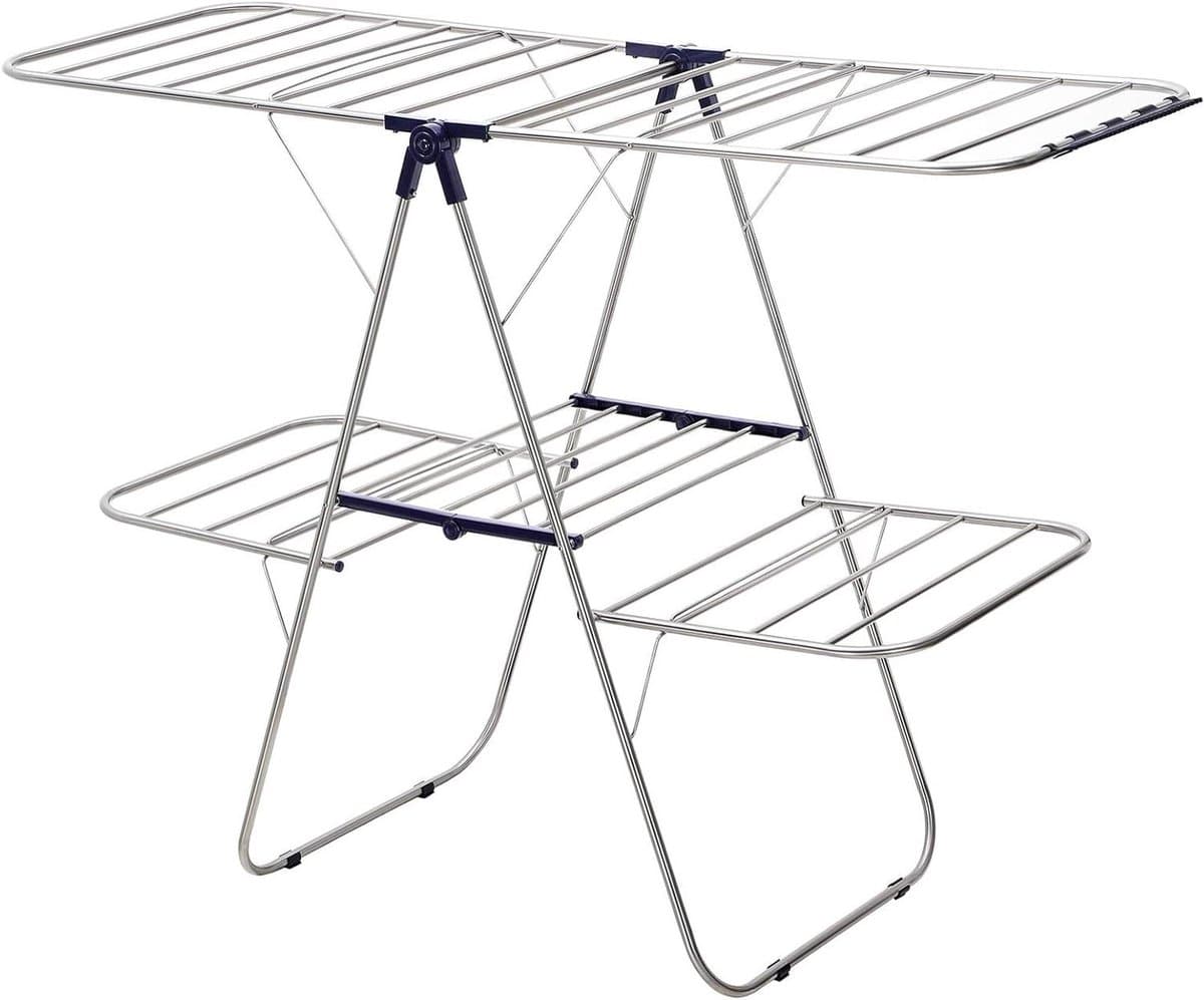2-Tier Stainless Steel Clothes Dryer with Height Adjustable Wings - Freestanding Drying Rack for Socks, Bed Linen, and Clothing - Foldable and Stable - Blue - 156 x 61 x 113 cm — afbeelding 1