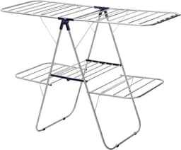 2-Tier Stainless Steel Clothes Dryer with Height Adjustable Wings - Freestanding Drying Rack for Socks, Bed Linen, and Clothing - Foldable and Stable - Blue - 156 x 61 x 113 cm — thumbnail 1