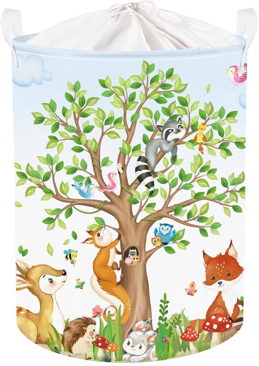 Ronde Opbergmand - Met bosdieren print (hertje, eekhoorn, vos) - Voor speelgoed en kleding in de kinderkamer - Groen, 36x45 cm — afbeelding 1