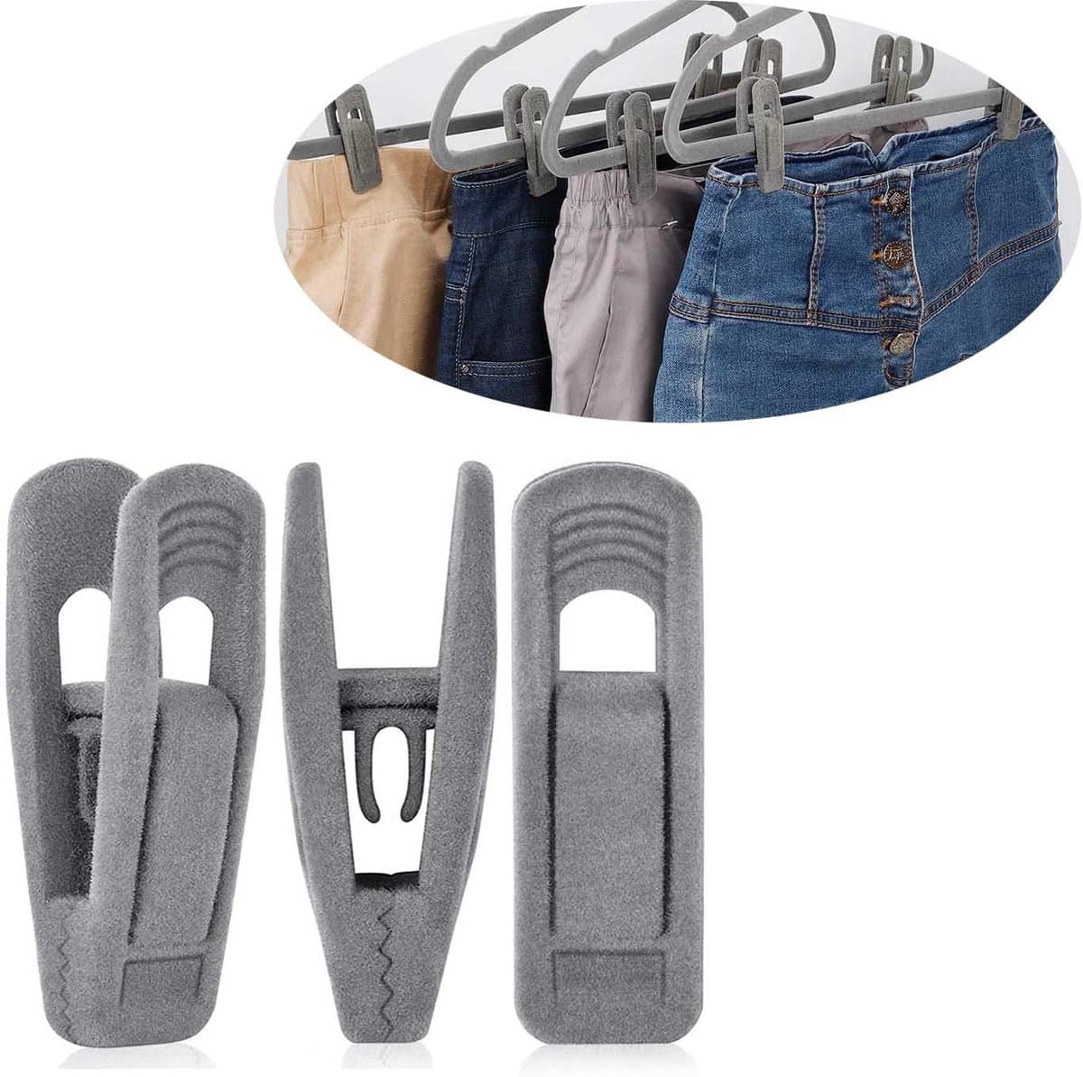 Fluwelen vingerklemhangerclips - Set van 20 - Hangerclips - Kledingorganisatie - Sterke kunststof clips - Opbergoplossingen - Geen klemmarkeringen - Beschermt kleding - 7x2,5x2cm - Grijs - Herbruikbaar — afbeelding 1