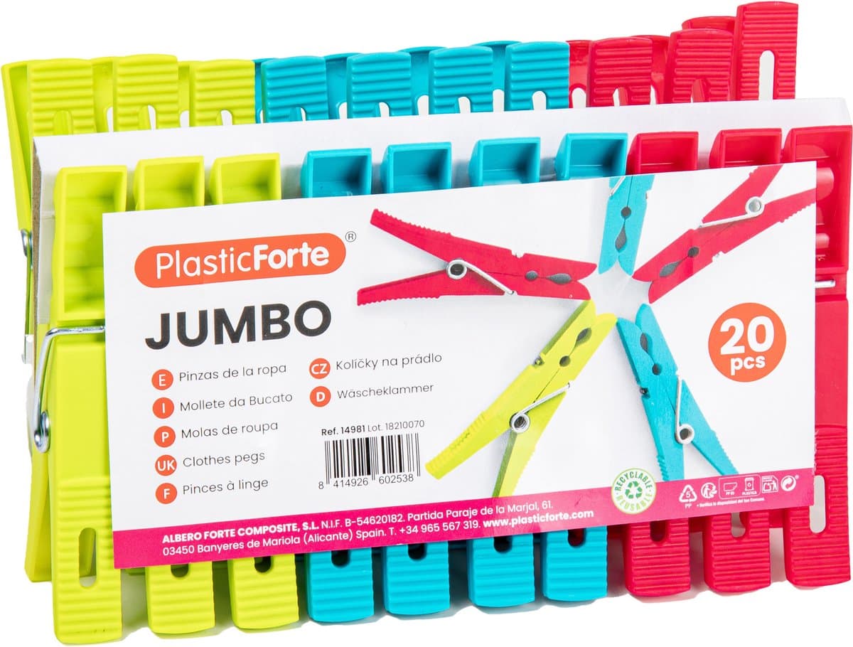 Plasticforte Wasknijpers XL formaat - 20x stuks - felle kleuren mix - kunststof - 10 cm - Was ophangen — afbeelding 1