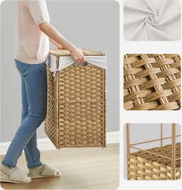 SONGMICS Wasmand met deksel, 160 L, wasverzamelaar 3 compartimenten, wassorteerder met wielen, in rotan look, waszak verwijderbaar, voor wasruimte, 70 x 36 x 66 cm, Natuurlijke kleuren — thumbnail 3