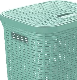 Hega Hogar Wasmand met deksel Rotan - mintgroen - gevlochten kunststof - 60 liter - 34 x 43 x 62 cm — thumbnail 2
