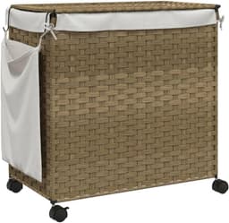 Wasmand Rotan - Wasopberger - Kleding Sorteren - Met Wieltjes - 60 cm Hoog - Bruin — thumbnail 2