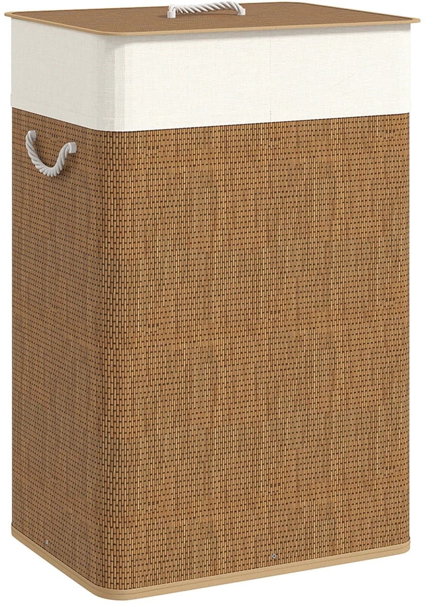 ELYSIVM Wasmand - Wasmand Bamboe - Wasmand met Deksel - Wasmand met Binnenzak - Uitneembare Waszak - Warm Bamboe Design voor Slaapkame / Badkamer - 72 L - 40 x 30 x 60 cm - Bruin / Crème — afbeelding 1