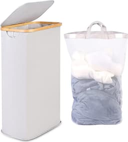 Smalle Wasmand 63L, Smalle Wasmand met Deksel, Lichtgrijze Linnenmand Opvouwbaar met Bamboe Handgrepen en Verwijderbare Zak voor Slaapkamer, Badkamer, Wasruimte — thumbnail 1