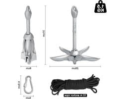 Vouwanker met Ankertouw - Klapanker Vierhaakanker - Watersport Stabiliteit - Verzinkt Gietijzer - 1.5 kg - Grijs