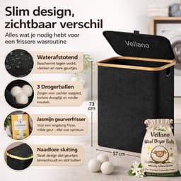 Vellano Wasmand 3 Vakken – Wassorteerder met Deksel – 160L – 3 Uitneembare Waszakken – Bamboe Frame – Incl. Drogerballen & Jasmijn Geurverfrisser — thumbnail 2