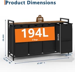 Wasmand 4 vakken, 194L wassorteerder, verrijdbare waswagen – voor wasruimte, slaapkamer, badkamer – zwart — thumbnail 2