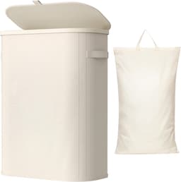 Smalle Wasmand 55L met Deksel – Opvouwbare Wassorteerder met Kunststof Frame – Grote Wasverzamelaar voor Slaapkamer & Badkamer – Wit — thumbnail 1