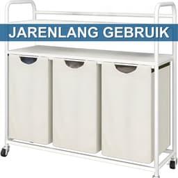 Wasmand – Voor Badkamer & Wasruimte – 3 Compartimenten (3×46L) met 2 Planken, Uitschuifbare Waszak – Ivoor — thumbnail 3