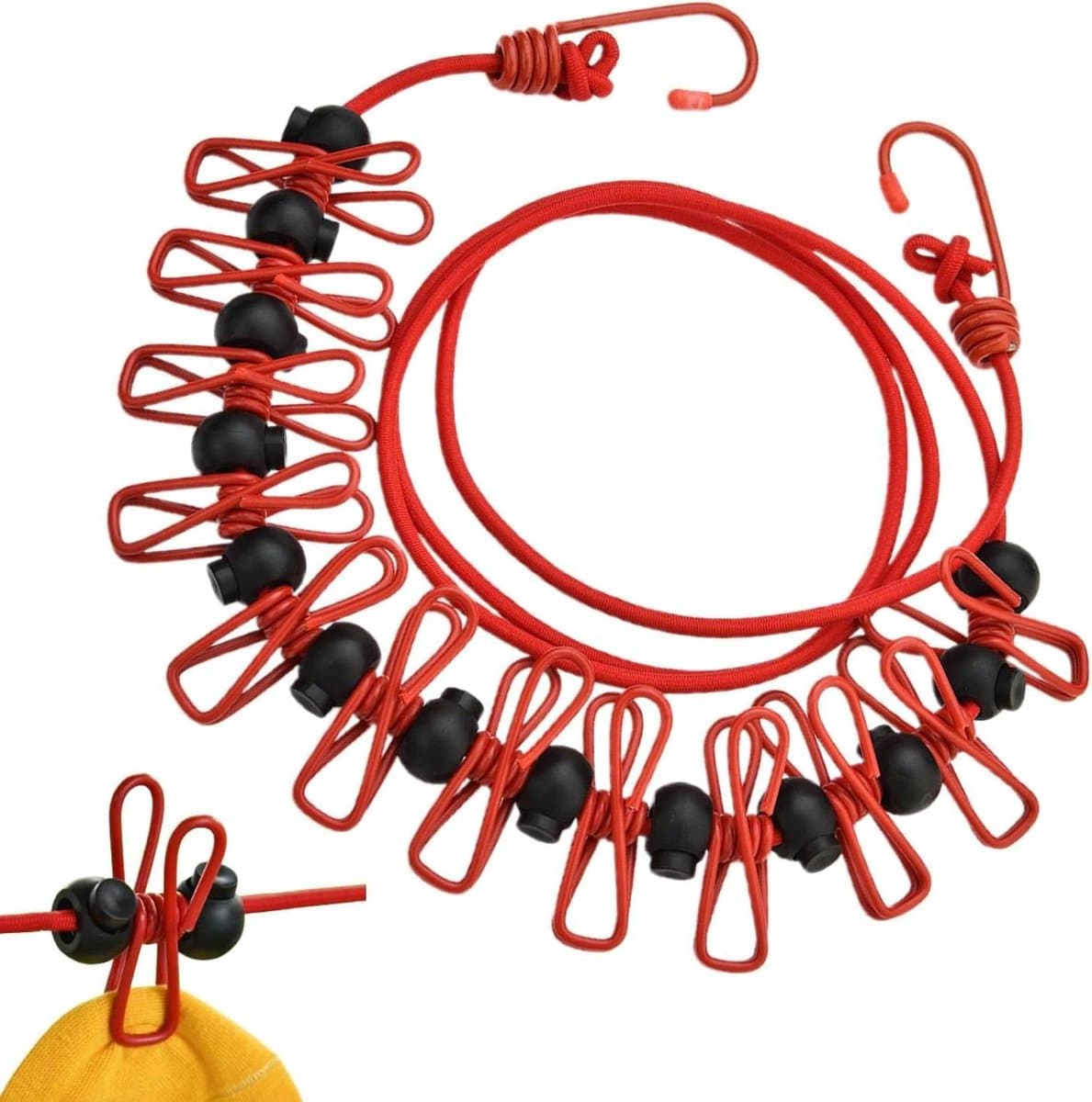 Waslijn met clips - Draadrek reizen - Kleding drogen - Winddicht ontwerp - 1.7 meter - Rood — afbeelding 1