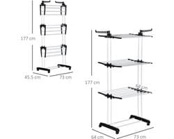 1 stuk - Wasdroogrek - Torenmodel wasdroogrek - Met wielen - 4 lagen - Uitschuifbaar - 73 x 45,5 x 177 cm - Ruimtebesparend wasdroogrek