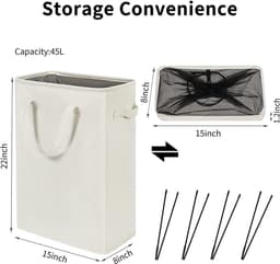 Opvouwbare Wasmand met Deksel - 45 Liter Slanke Wasmand Smal - Opklapbare Wasmand voor Badkamer en Slaapkamer - Kleine Wasmand Ruimtebesparend met Handvatten - Grijs — thumbnail 5