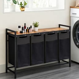 Vierdelige Wasmand 160L – 4 Wasmanden Naast Elkaar Met Metalen Frame en Opbergplank 116×33×72 cm – Wasgoed Organizer — thumbnail 4