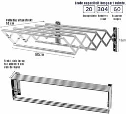 AHD® Wanddroogrek - Wanddroogrek Inklapbaar - Droogrek Muur - Wanddroogmolen - Zilverwit - 10cm x 18cm x 80cm — thumbnail 3