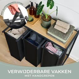 Florixa® Wasmand 3 Vakken - Wasmand - Wassorteerder - Wasmand Met Deksel - Zwart - 36cm x 84cm x 73cm — thumbnail 4
