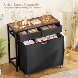 Wassorteerder met Wielen - Roller Wasmand Organizer - Was Sorteren en Opbergen - 3 Secties Uittrekbare Zakken - 80x32x76 cm — thumbnail 4