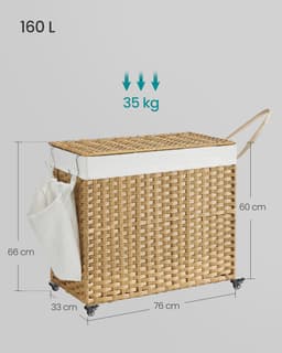 SONGMICS - Wasmand - Wasmand met Deksel - 3 Compartimenten - Met Wielen en Verwijderbare Waszak — thumbnail 2