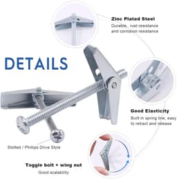 Glarks 76Pcs Toggle Bolt and Hollow Wall Drive Anchors Kit, 1/8" 3/16" 1/4" Round Head Toggle Bolts and 1/8'' 35/46/59mm Molly Bolt Drive Hollow Drive Wall Anchor Assortment Set — thumbnail 5