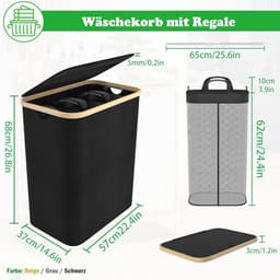 140 l wasmand van Oxford-weefsel, 3 vakken, afneembare wasverzamelaar met bamboeframe, opvouwbare waszak, wasboxen met handvat en deksel, wassorteerder, wasmand voor bijkeuken (zwart) NAIZY — thumbnail 2