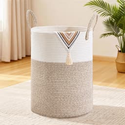 Wasmand, opbergmand, geweven mand, grote ronde wasmand van 72 liter met katoenen handvatten voor de kinderkamer, mand voor dekens en speelgoed voor de woonkamer of wasruimte, bruin en wit — thumbnail 1