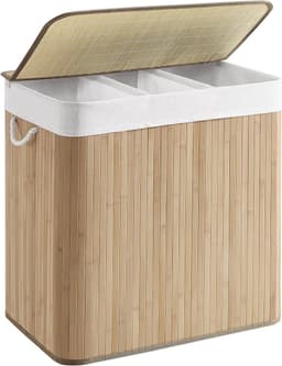 Wasmand, 150L, wasbox met deksel, wassorteermachine, van bamboe, met handvatten, 3 compartimenten, opvouwbaar, katoen, waszak machinewasbaar, wasruimte, Natuurlijke kleur bamboe, LCB091N01 — thumbnail 1