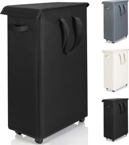 Wasmand met deksel en wielen 55L - Opvouwbare dunne wasmachine oxford doek opbergmand met lange handgreep, geschikt voor slaapkamer, badkamer, wasruimte (Zwart) — thumbnail 1