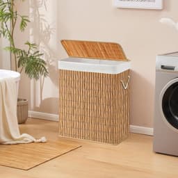 2 vakken Falster XL R, 100 l wasverzamelaar met deksel, wasmand rotan met handgrepen, praktische vouwfunctie, bruin — thumbnail 3