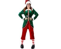 Elf Kostuum dames Kerstman kostuum Fluwelen elfenoutfit voor volwassenen voor Xmas Cosplay Pak Groen Rood Party Kostuum,Groen,XL