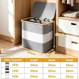 2 vakken, 102 l, XL, met deksel, opvouwbare wasmand met zijvak, uitneembare waszak, bamboerand, waterdicht, vuile wasmand voor slaapkamer, badkamer, grijs — thumbnail 4
