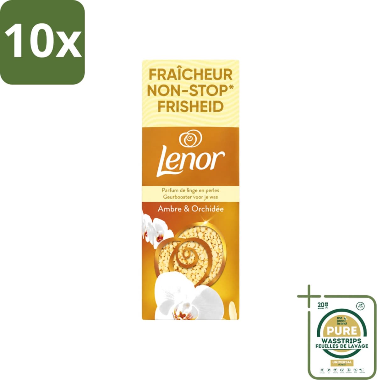 10 x Lenor – Geurbooster – Amber & Orchidee – 12 Wasbeurten – 155 g - Wasstrips - Geurparels - Wasgeur - Luxegeur - Orchidee - Vanille — afbeelding 1