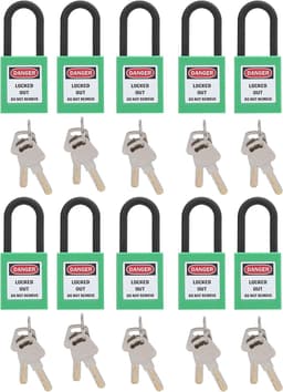10-set 38 mm veiligheidshangslot Techniekbeveiligingshangslot voor fabrieken Bouwplaatsen Zwaar uitgevoerd nylon 6 mm slotbalk met 20 sleutels (Groente) — thumbnail 1