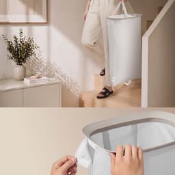Wasmand Wasgoedverdeler 56 x 47 x 75 cm Beige Grote inhoud van 160 liter Ontwerp met twee gescheiden vakken Met deksel+afneembare binnenzakken+handvat Opvouwbare structuur Draagvermogen 20 kg Geschikt voor wasruimte slaapkamer en badkamer — thumbnail 5