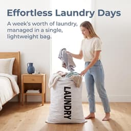 Waszak van katoenen linnen, duurzaam, zeer duurzaam, speelgoedopbergtas, vuile kleding, trekkoord met koordsluiting (wit-2) — thumbnail 2