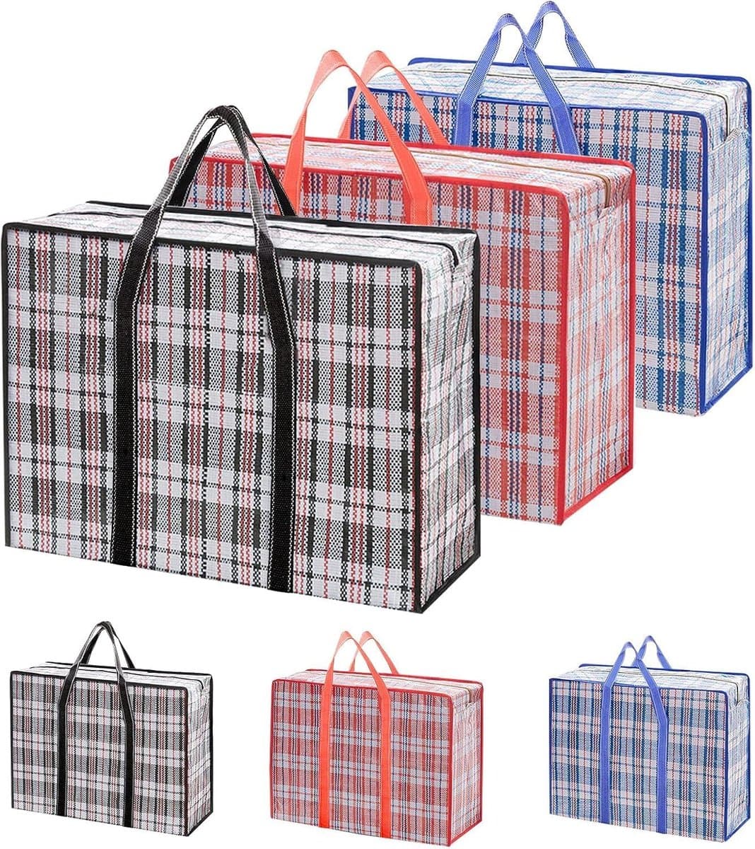 Set van 6 kunststof zakken met ritssluiting, 60 x 50 x 20 cm, opvouwbare organizer met ritssluiting, herbruikbaar, groot kledingrek met handvat, voor opslag, winkelen — afbeelding 1