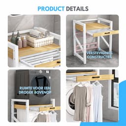 Livista Wasmachinerek - Wasmachine kast - Badkamerrek – Ruimtebesparende Wasmachine Organizer – Stalen Frame – 3 Hoogtestanden – Water-, Kras- en Hittebestendig Werkblad – Antislip Voetjes – Uitschuifbare Hangstang - 200 kg Draagvermogen - Wit/Hout — thumbnail 3