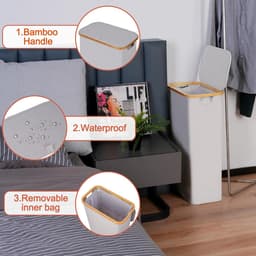 Efluky Wasmand met deksel, 75 l, smalle wasmand met wasbare binnenzak, lichtgrijs wasmand met bamboe handgrepen, opvouwbare wasmand voor waskeuken, slaapkamer, badkamer — thumbnail 4