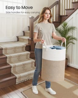 Opbergmand 80L, Wasmand 40x40x60 cm Wit Grijsbruin, Katoenen Katoenkoord Mand met Handgrepen, Grote Wasmand voor Kinderen en Gezin, Wasmandje Speelgoedmand Dekkenmand Kledingmand voor Woonkamer Slaapkamer Kinderkamer — thumbnail 4